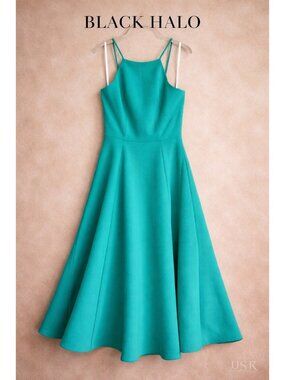 Black Halo Fit & Flare Midi Dress Teal Spaghetti Strap A-Line Size 8